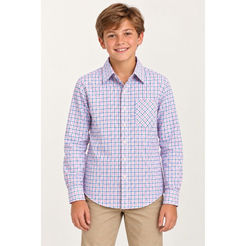 Sahara Club Boys Size 14 Pink Blue Plaid Long Sleeve Button Up Dress Shirt